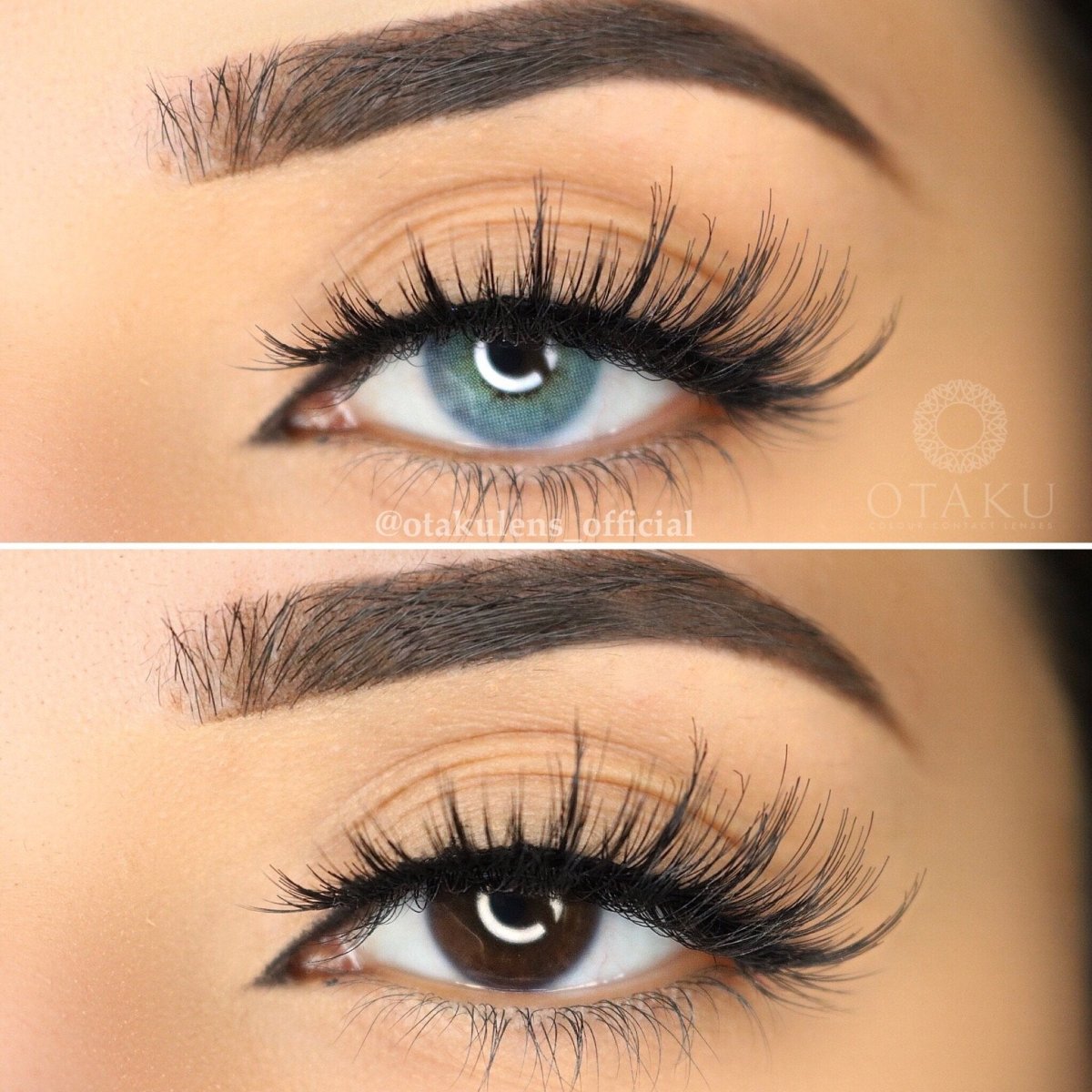 Realistic blue-green contact lenses for everyday wear, enhancing dark eyes naturally.