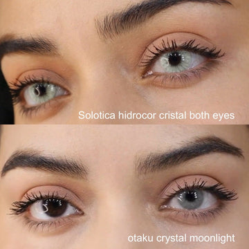 Otaku Crystal Moonlight vs Solotica Hidrocor Cristal comparison worn on dark brown eyes