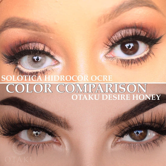 Desire Honey lens close-up – solotica Hidrocor Ocre inspired hazel tint for realistic eye color change