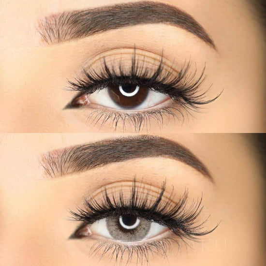 Before and after transformation using Dark Silver contact lenses on dark brown eyes for a deep silver effect. BEFORE AND AFTER