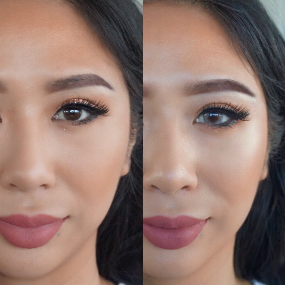 Before and after transformation using Dark Silver contact lenses on dark brown eyes for a deep silver effect.