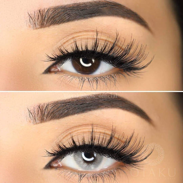 Otaku crystal moon similar to Solotica Hidrocor Cristal and Hidrocor ice. Before and after transformation using Crystal Moonlight contact lenses on dark brown eyes