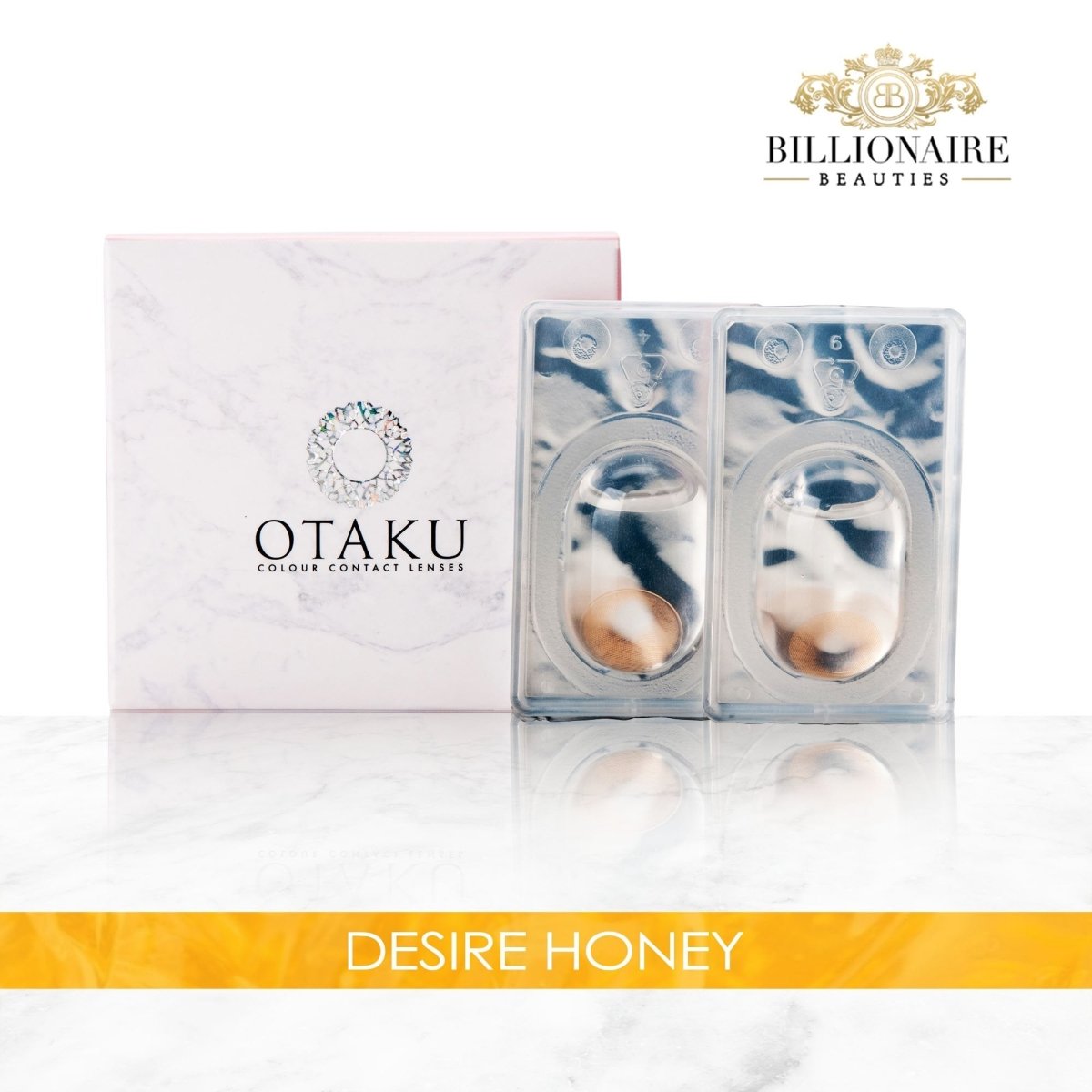 Comparison of Desire Honey and Hidrocor Ocre contact lenses, showing the deeper brown tone of Desire Honey.