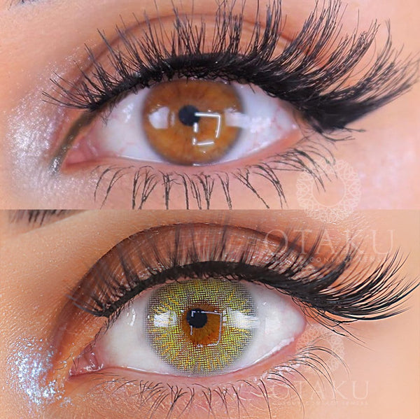 Limited-edition Otaku Sultry Siren contact lenses, featuring gold glitter and a cool-toned blue-grey-green blend.