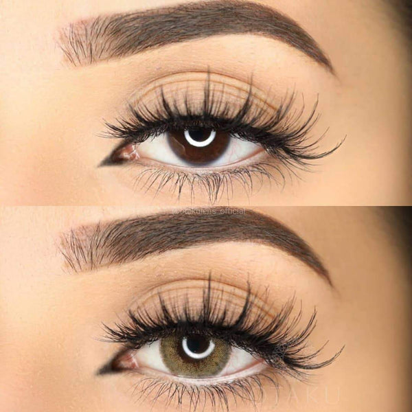 Natural-looking green colored contact lenses with a seamless blend, perfect for dark and light eyes
