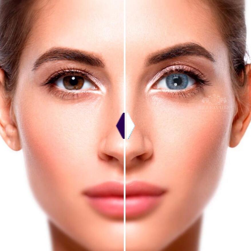 Natural sapphire blue colored contact lenses with jewel-toned vibrancy and full dark eye coverage.