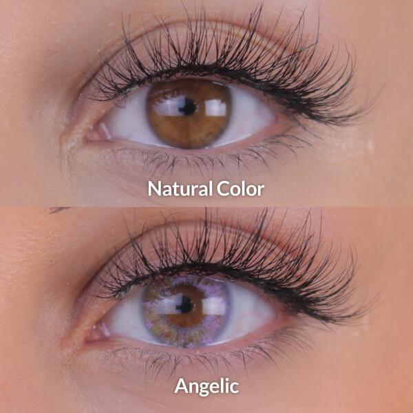 Before and after transformation with Otaku Angelic contact lenses on dark brown eyes.