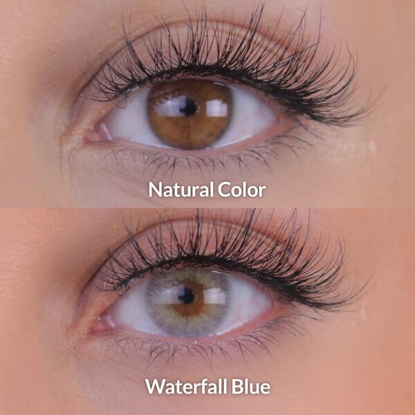 Soft blue-grey colored contact lenses with a seamless blend, perfect for a natural or striking look